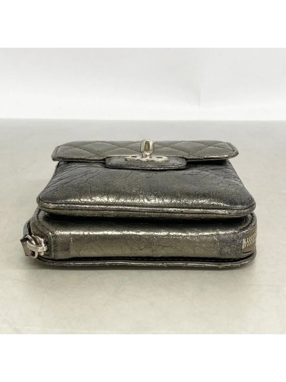 Chanel Shoulder Bag Quilted Leather Gray Silver